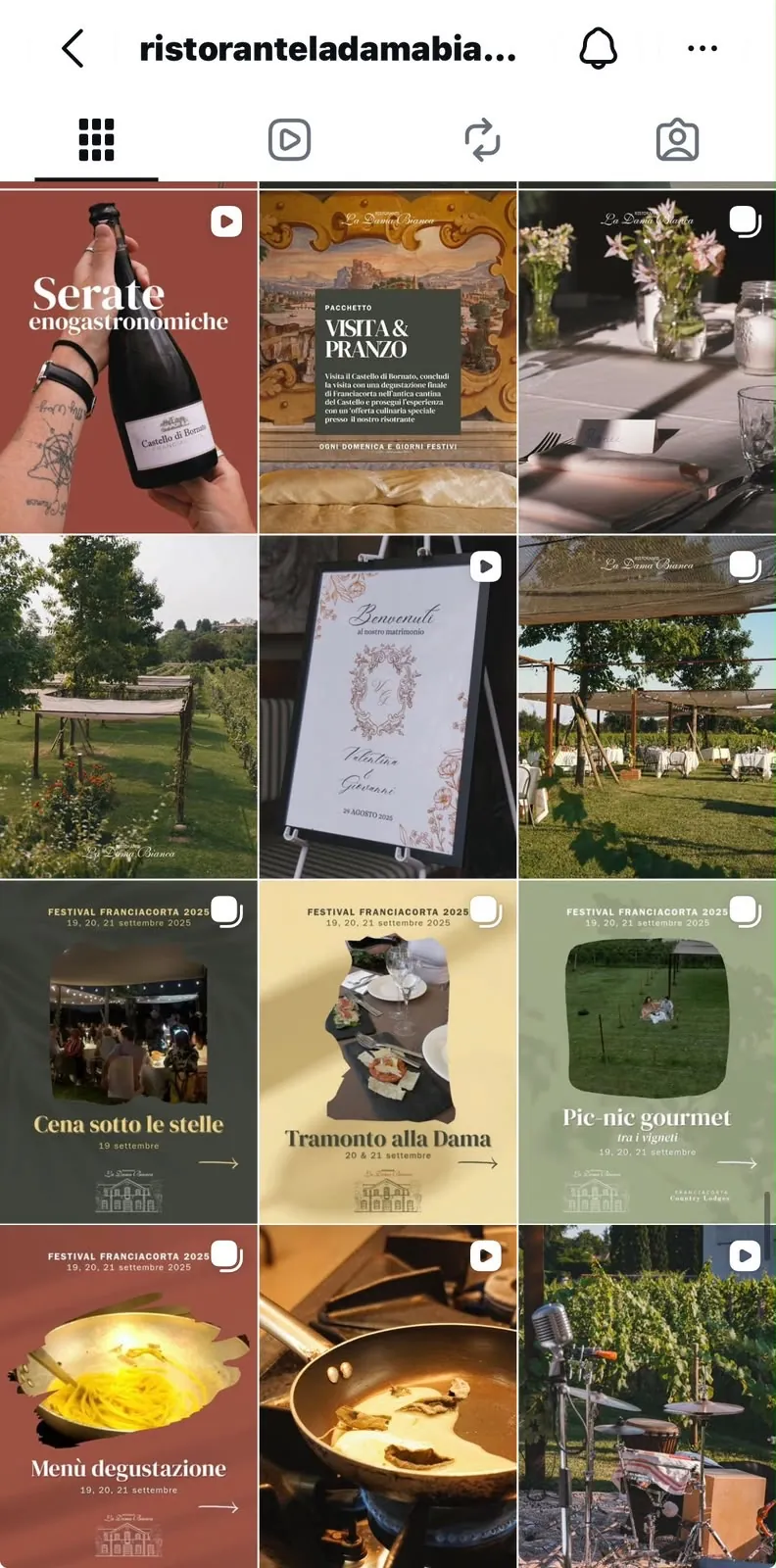 Feed Instagram del Ristorante La Dama Bianca con la brand identity degli eventi enogastronomici