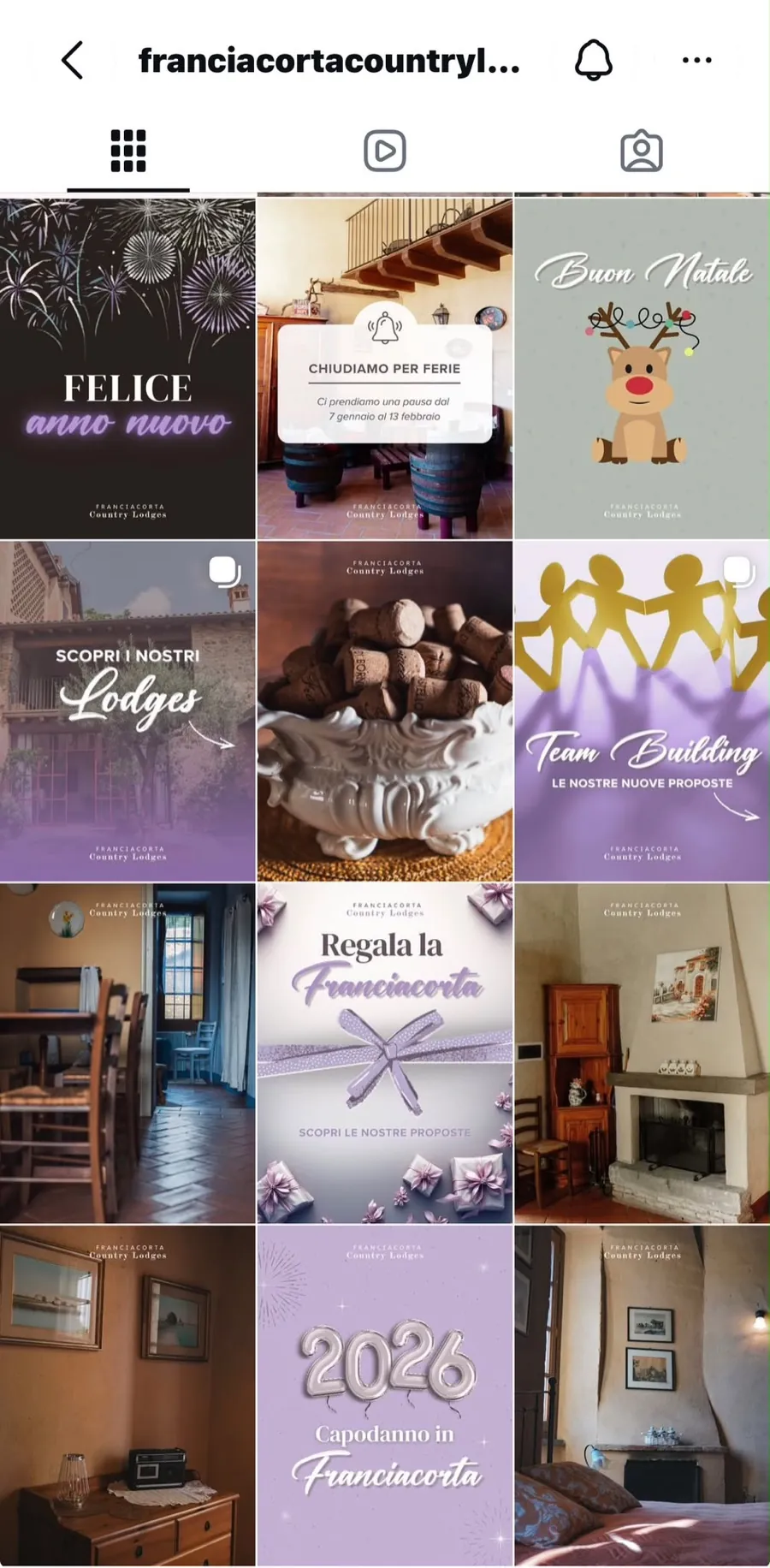 Feed Instagram di Franciacorta Country Lodges con la brand identity lilla e i lodges